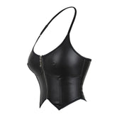 European and American Motorcycle Uniform New PU Leather Halter Zip - Up Women's Corset Top Sleeveless - Coscosmos